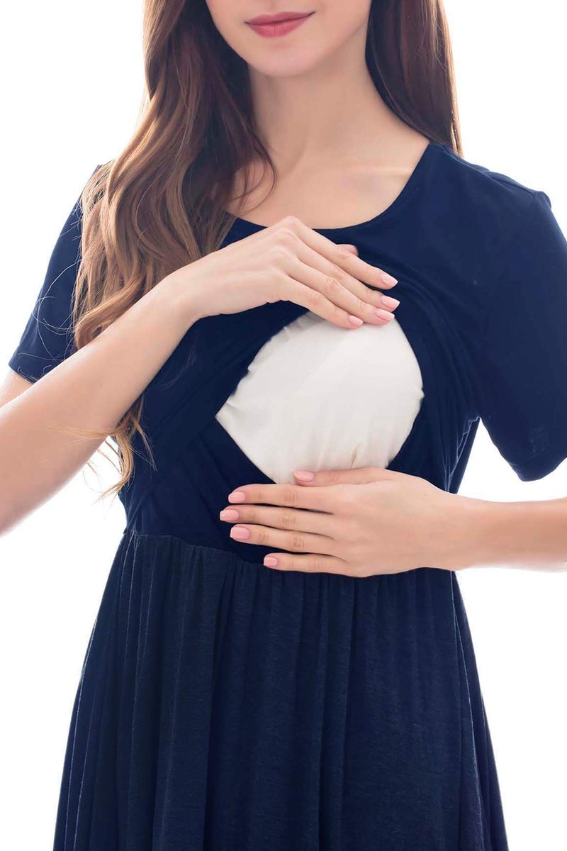 Smallshow Women's Short Sleeve Patchwork Nursing Dresses for Breastfeeding Medium Navy - Image 2